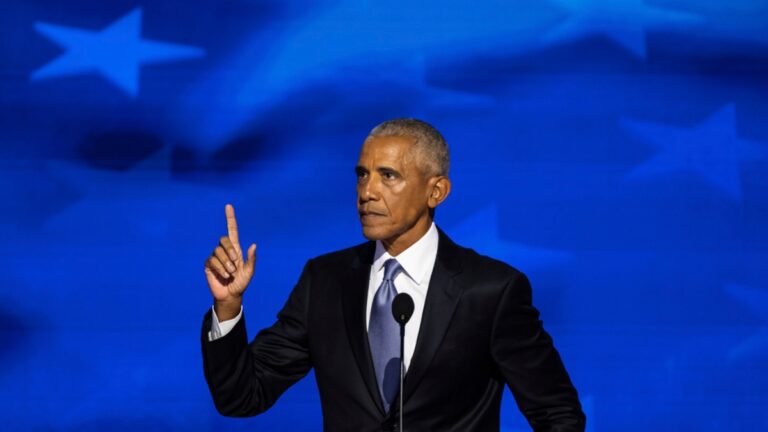 Former President Barack Obama speaks during the second night of the Democratic National Convention at the United Center in Chicago on Aug. 20, 2024.