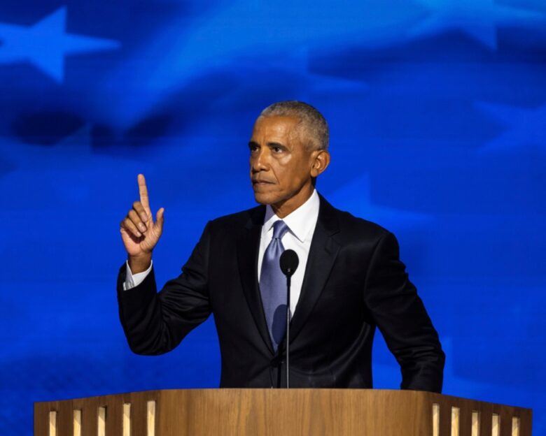 Former President Barack Obama speaks during the second night of the Democratic National Convention at the United Center in Chicago on Aug. 20, 2024.