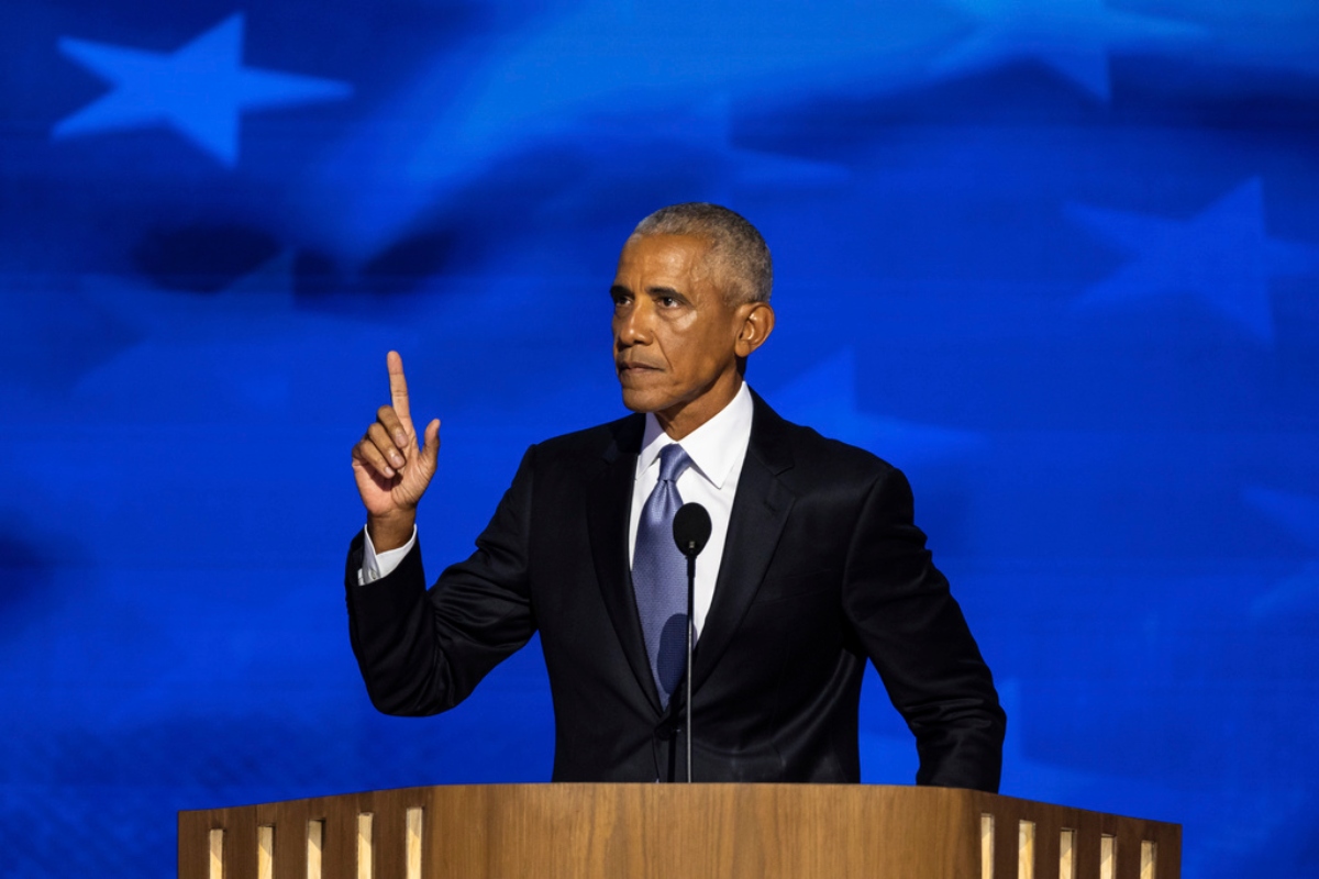 Former President Barack Obama speaks during the second night of the Democratic National Convention at the United Center in Chicago on Aug. 20, 2024.