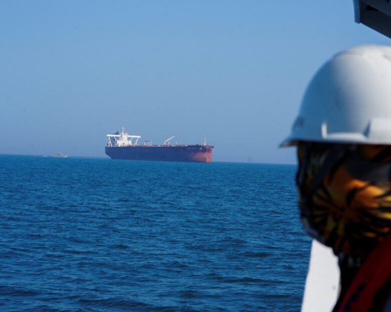 The Malta-flagged tanker Agios Fanourios I, an oil tanker that sailed through the Strait of Hormuz, arrives in Iraq’s territorial waters off Basra,Iraq April 17, 2026
