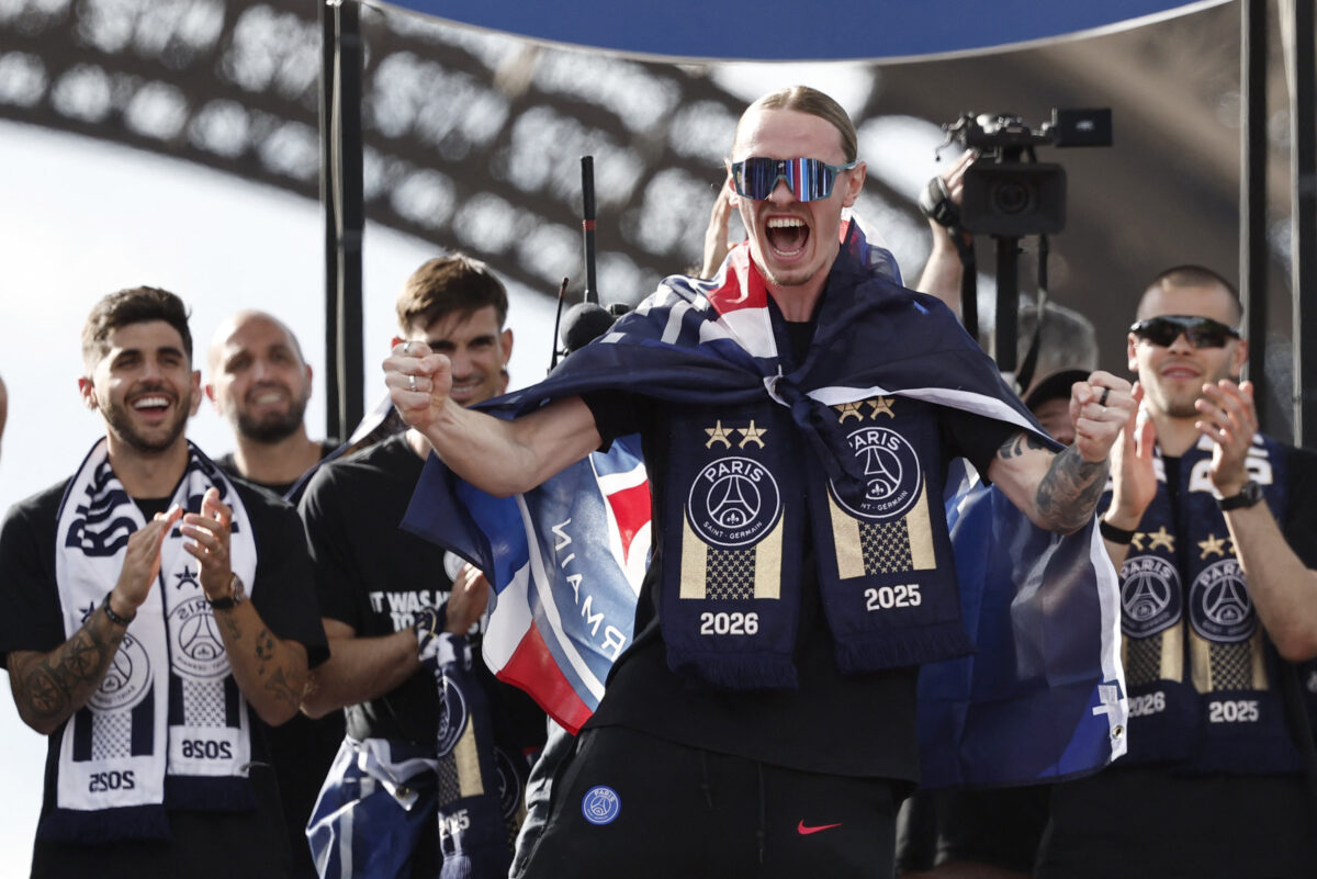 Soccer Football - UEFA Champions League - Paris St Germain celebrate winning the UEFA Champions League Final - Paris, France - May 31, 2026 Paris St Germain's Matvey Safonov celebrates after winning the UEFA Champions League REUTERS