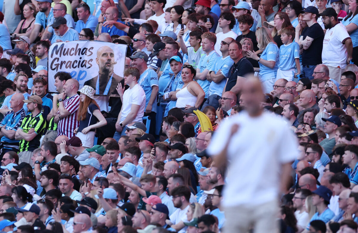 Soccer Football - Premier League - Manchester City v Aston Villa - Etihad Stadium, Manchester, Britain - May 24, 2026 Manchester City fans display a banner for manager Pep Guardiola in the stands REUTERS