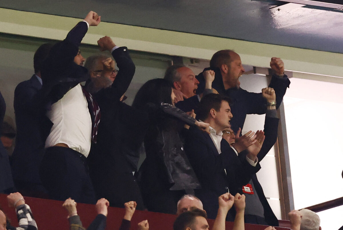 Soccer Football - UEFA Europa League - Semi Final - Second Leg - Aston Villa v Nottingham Forest - Villa Park, Birmingham, Britain - May 7, 2026  Britain's Prince William celebrates their second goal, scored by Aston Villa's Emiliano Buendia Action Images via Reuters