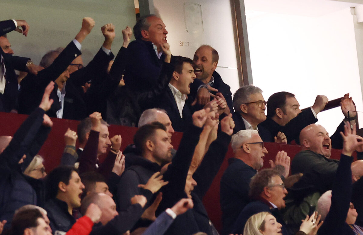 Soccer Football - UEFA Europa League - Semi Final - Second Leg - Aston Villa v Nottingham Forest - Villa Park, Birmingham, Britain - May 7, 2026  Britain's Prince William celebrates their second goal, scored by Aston Villa's Emiliano Buendia Action Images via Reuters