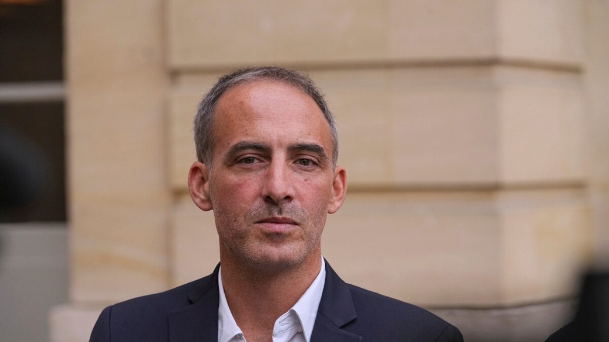Raphael Glucksmann, co-president of French centre-left party, Place Publique, speaks to medias following a meeting with French Prime Minister Francois Bayrou before a confidence vote, at the Hotel Matignon in Paris Tuesday, Sept. 2, 2025.