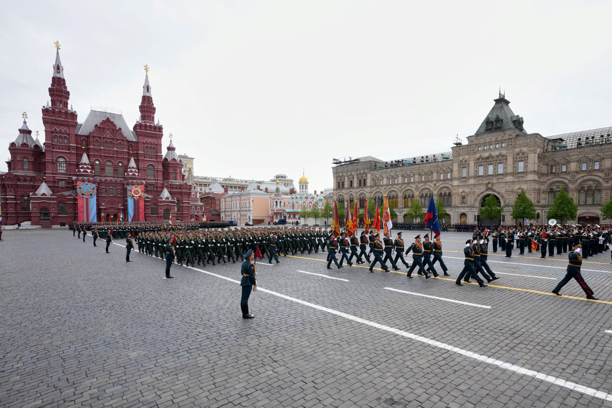 Russian servicemen march as they attend the Victory Day military parade in Moscow, Saturday, May 9, 2026, during celebrations of the 81st anniversary of the Soviet Union's victory over Nazi Germany during the World War II. Pavel Bednyakov