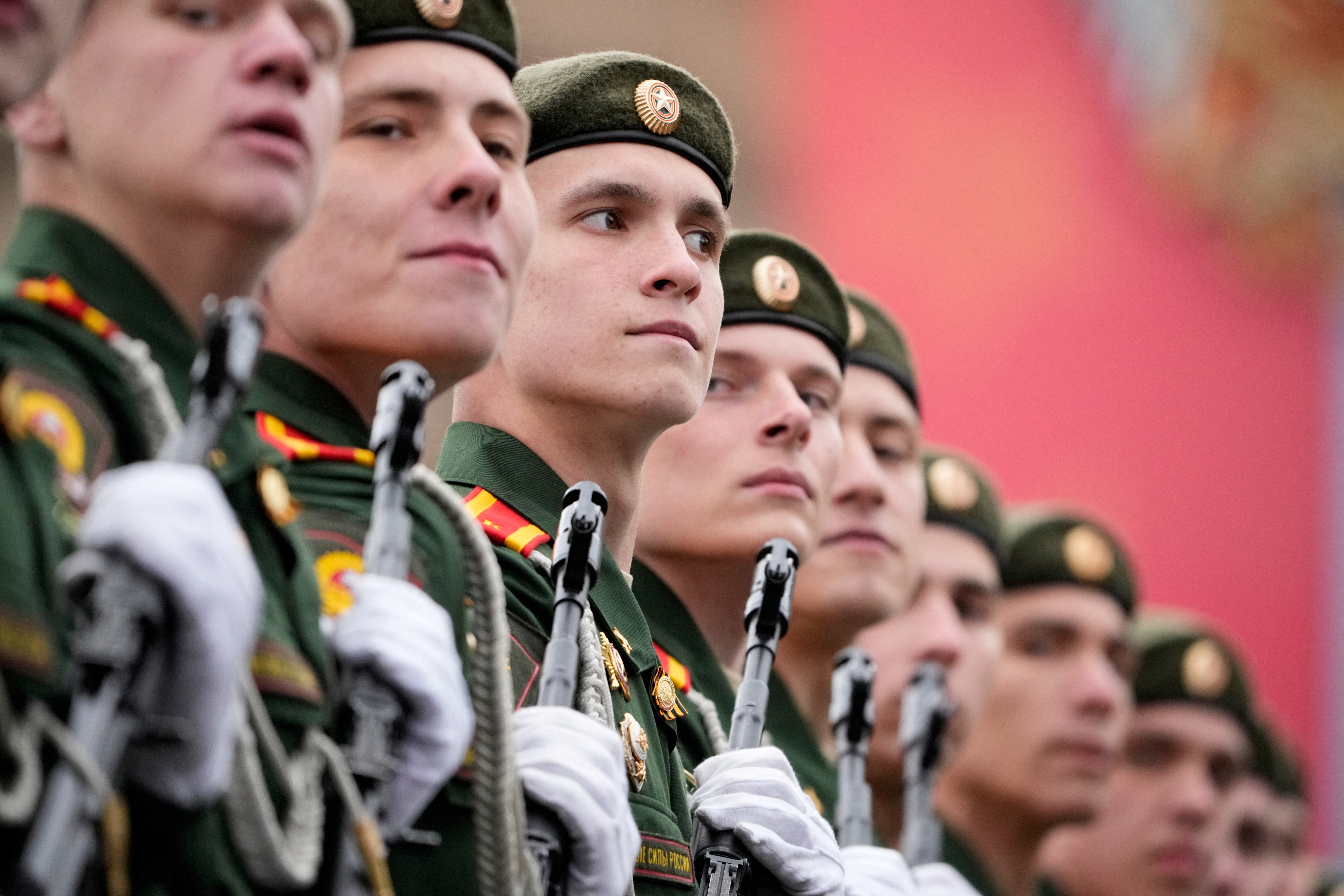 Russian servicemen march as they attend the Victory Day military parade in Moscow, Saturday, May 9, 2026, during celebrations of the 81st anniversary of the Soviet Union's victory over Nazi Germany during the World War II. Pavel Bednyakov