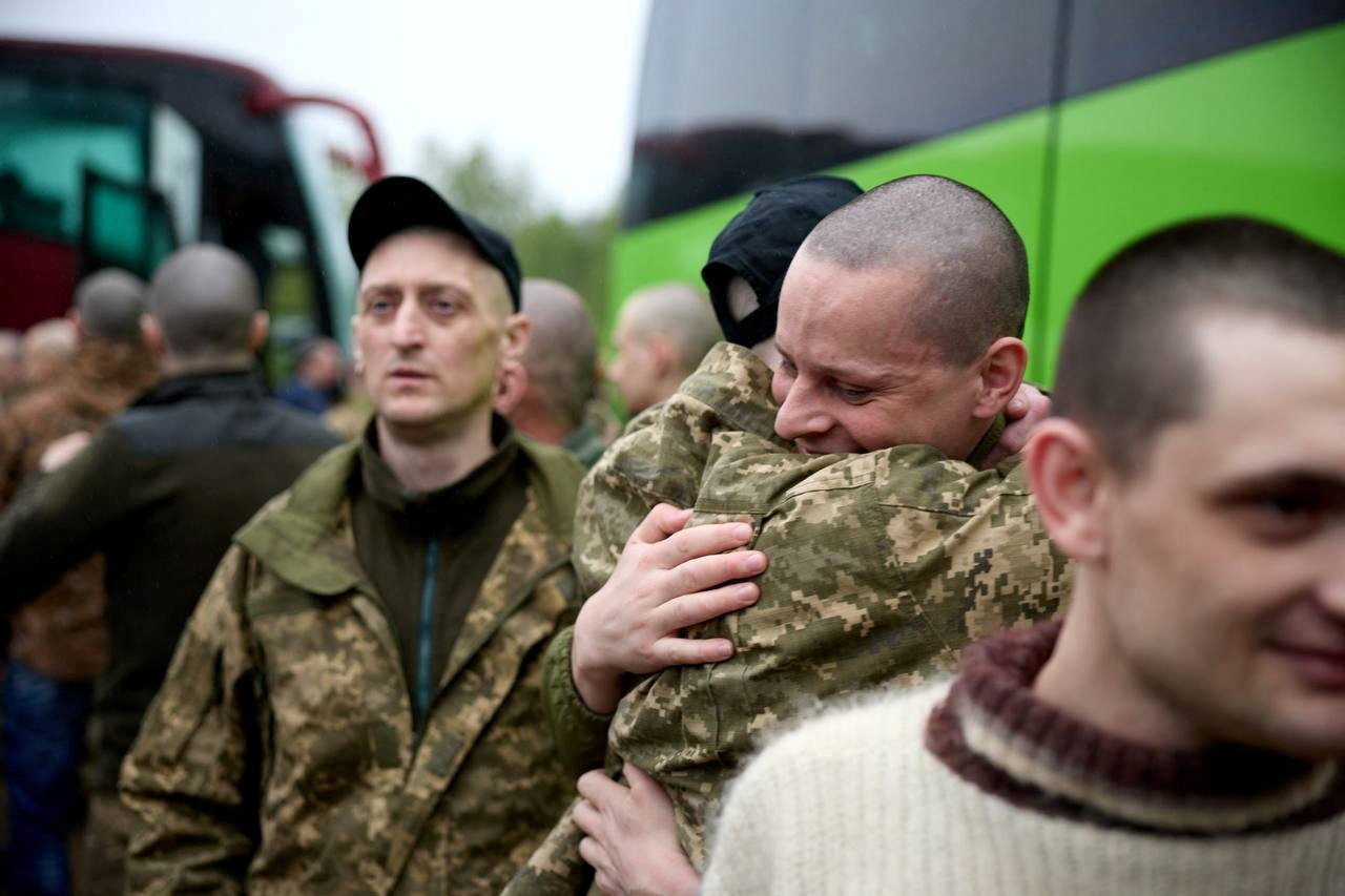 Ukrainian prisoners of war (POWs) after a swap, amid Russia's attack on Ukraine, at an unknown location in Ukraine, in this handout picture released May 15, 2026. Ukraine's President Volodymyr Zelenskiy via Telegram/Handout via REUTERS THIS IMAGE HAS BEEN SUPPLIED BY A THIRD PARTY. BEST QUALITY AVAILABLE.