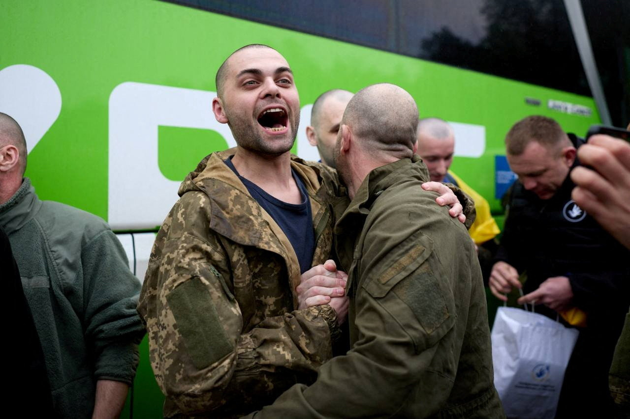 Ukrainian prisoners of war (POWs) after a swap, amid Russia's attack on Ukraine, at an unknown location in Ukraine, in this handout picture released May 15, 2026. Ukraine's President Volodymyr Zelenskiy via Telegram/Handout via REUTERS THIS IMAGE HAS BEEN SUPPLIED BY A THIRD PARTY. BEST QUALITY AVAILABLE.