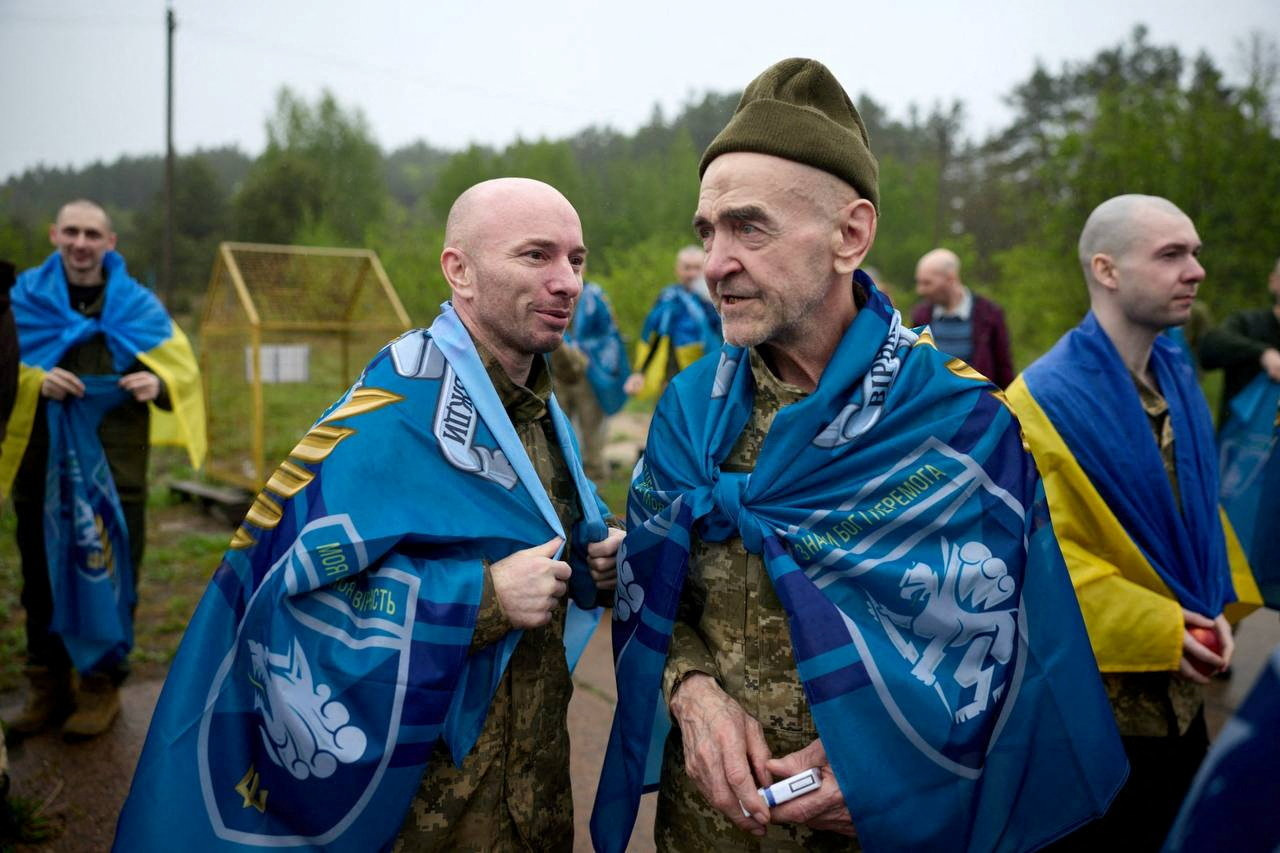 Ukrainian prisoners of war (POWs) after a swap, amid Russia's attack on Ukraine, at an unknown location in Ukraine, in this handout picture released May 15, 2026. Ukraine's President Volodymyr Zelenskiy via Telegram