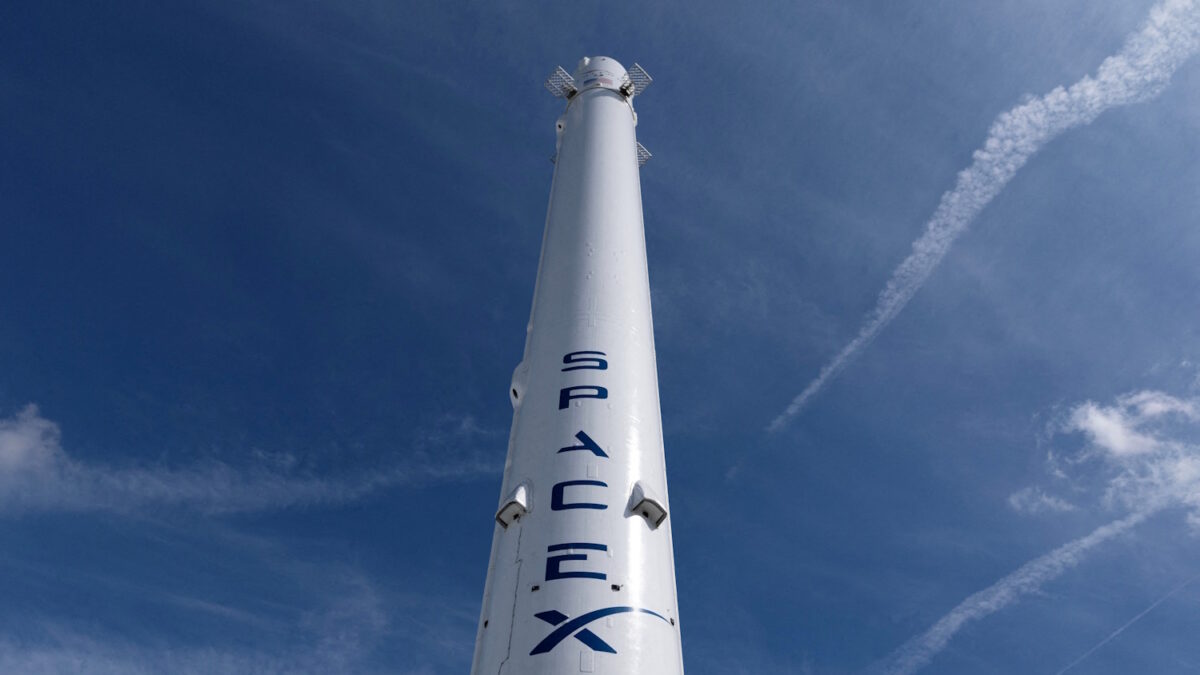 FILE PHOTO: The SpaceX Falcon 9 rocket booster is shown outside the company?s facility in Hawthorne California, U.S., April 23, 2026.