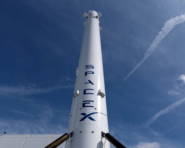 FILE PHOTO: The SpaceX Falcon 9 rocket booster is shown outside the company?s facility in Hawthorne California, U.S., April 23, 2026.