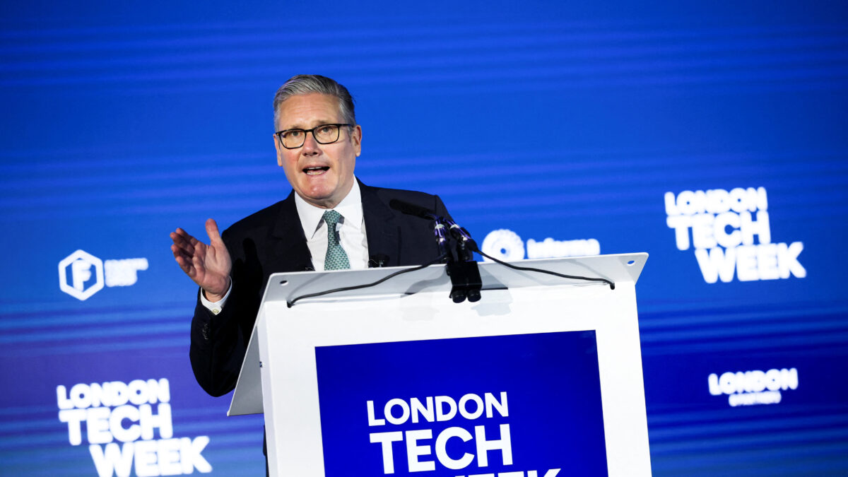 British Prime Minister Keir Starmer delivers a speech at London Tech Week on government plans to use technology to boost growth, in London, Britain, June 8, 2026.