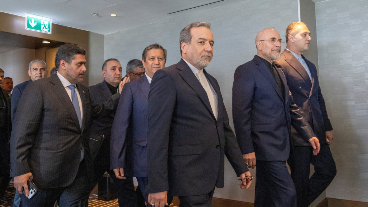 Minister of Foreign Affairs of Iran Abbas Araqchi and Speaker of Iran Mohammed Bagher Ghalibaf with the Delegation of Iran at the Lake Lucerne Summit at the Buergenstock resort in Obbuergen, near Lucerne, Switzerland, Sunday, June 21, 2026. URS FLUEELER/Pool via REUTERS