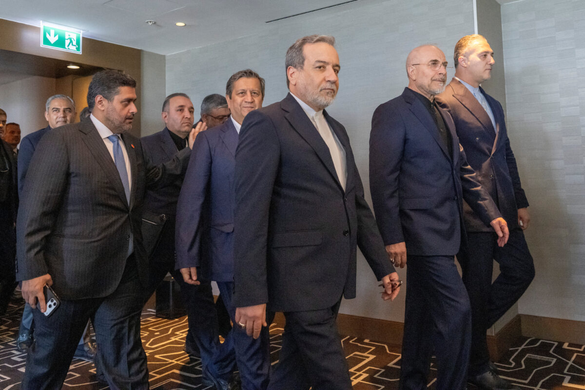 Minister of Foreign Affairs of Iran Abbas Araqchi and Speaker of Iran Mohammed Bagher Ghalibaf with the Delegation of Iran at the Lake Lucerne Summit at the Buergenstock resort in Obbuergen, near Lucerne, Switzerland, Sunday, June 21, 2026. URS FLUEELER/Pool via REUTERS
