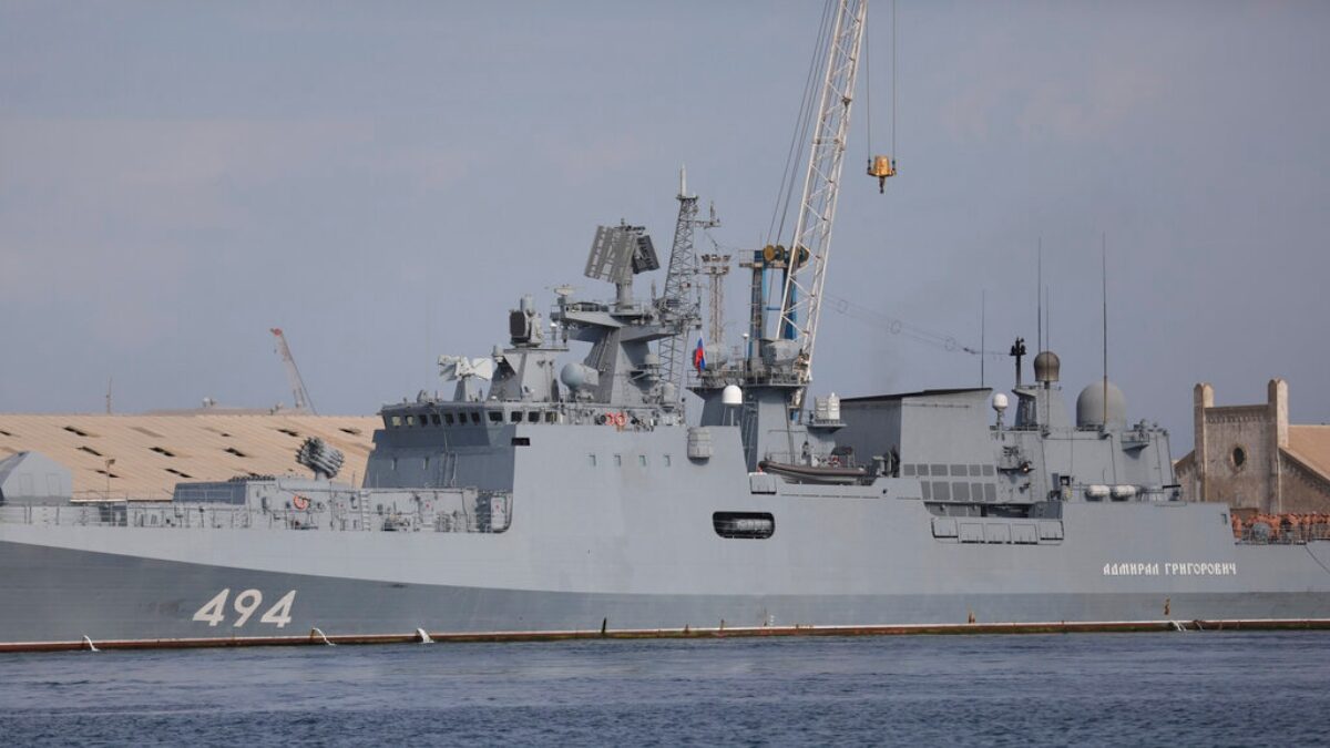 Russian warship are seen docking in the Port Sudan, in Port Sudan, Sudan, Sunday, Feb. 28, 2021. Media report state on 28 Feb ton frigate ( Admiral Grigorovich) arrived at a Sudanese port, where Russia intends to establish a naval base.