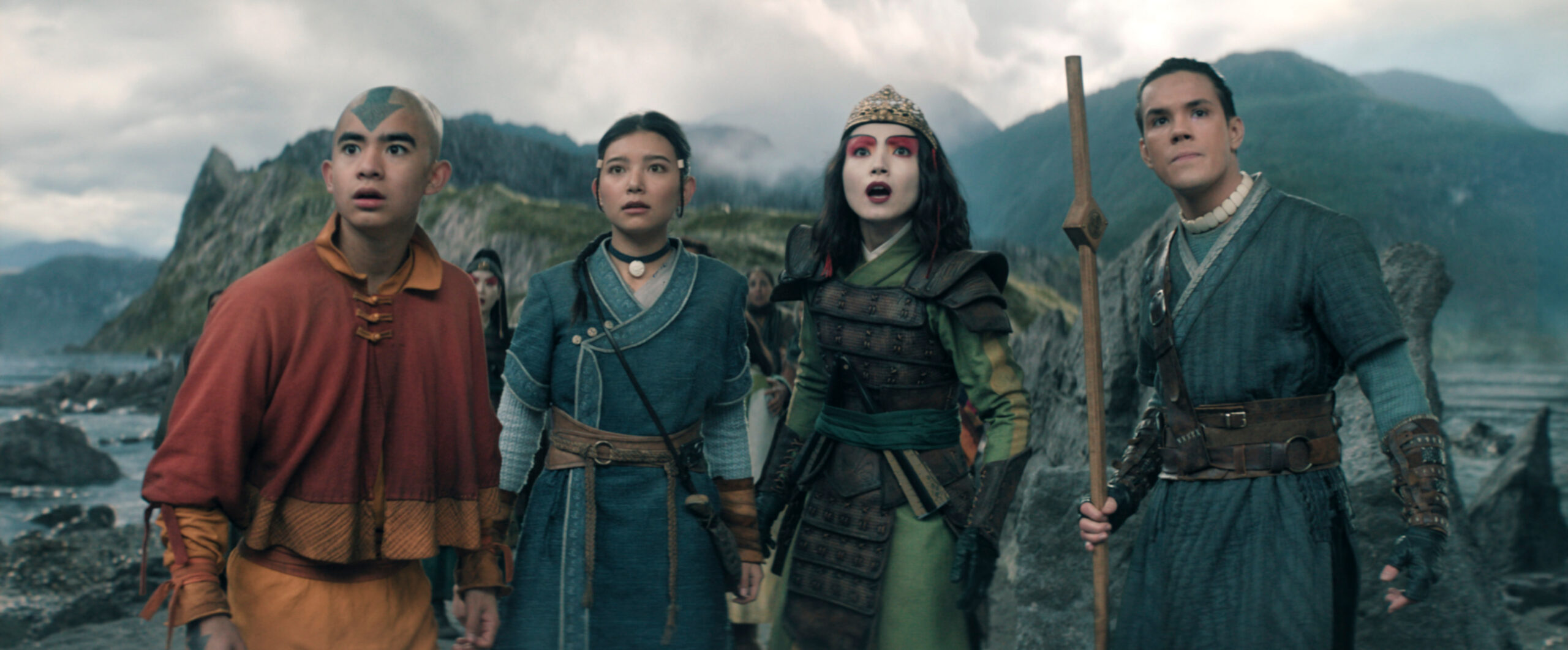 Avatar: The Last Airbender. (L to R) Gordon Cormier as Aang, Kiawentiio Tarbell as Katara, Maria Zhang as Suki, Ian Ousley as Sokka in season 2 of Avatar: The Last Airbender. Cr. Courtesy of Netflix © 2026