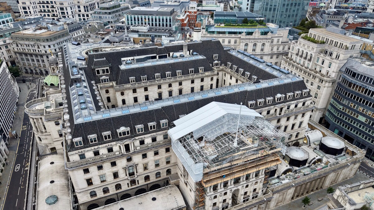 A drone view of the Bank of England building in London, Britain, June 18, 2026. REUTERS/Yann Tessier
