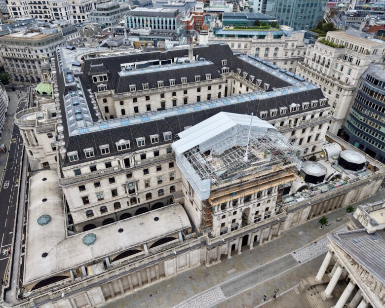 A drone view of the Bank of England building in London, Britain, June 18, 2026. REUTERS/Yann Tessier
