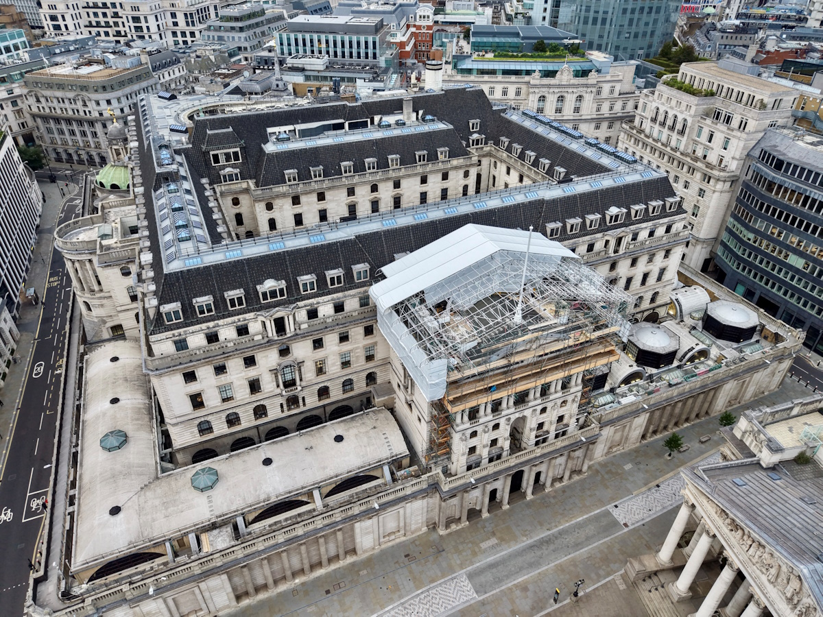 A drone view of the Bank of England building in London, Britain, June 18, 2026. REUTERS/Yann Tessier