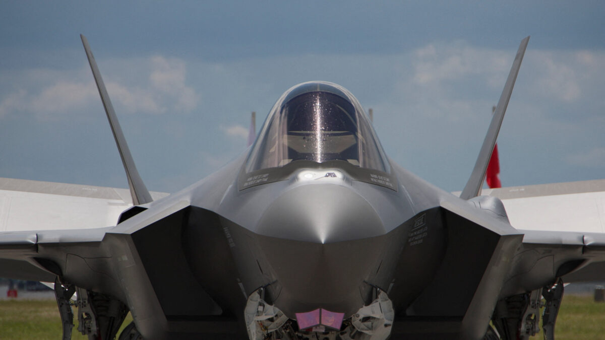 A newly acquired Polish F-35 Lightning II stealth strike fighter, named 'Husarz' in reference to the Polish "winged hussar" cavalry units, is presented at the military airport in Lask, Poland, June 12, 2026. REUTERS/Kuba Stezycki