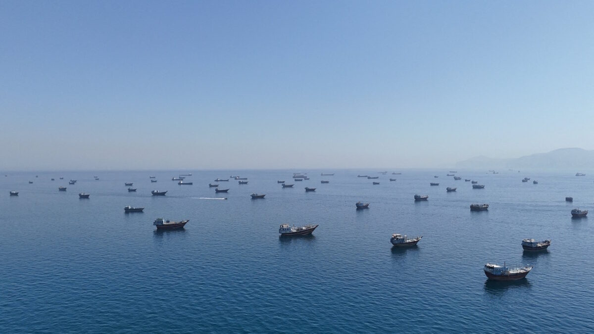 FILE PHOTO: A drone view of vessels anchored in the Strait of Hormuz as seen from Musandam, Oman, June 8, 2026. REUTERS/Stringer/File Photo