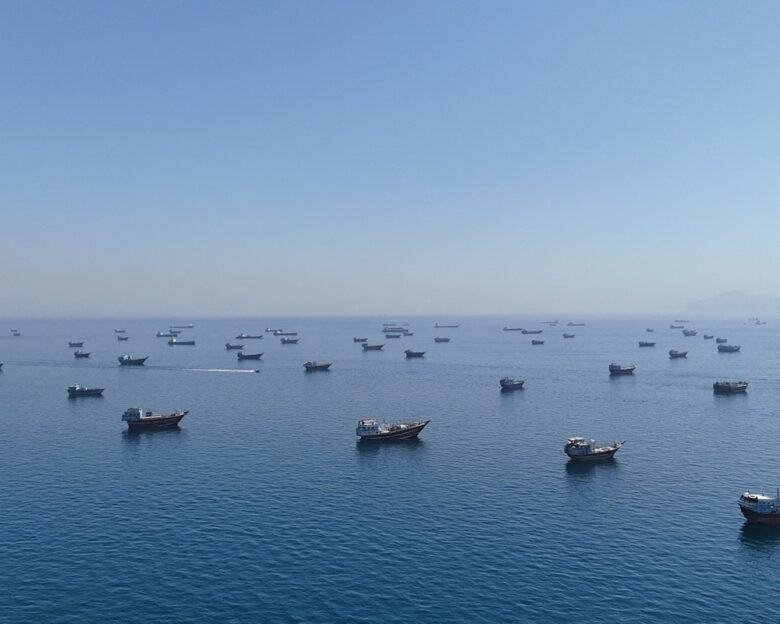 FILE PHOTO: A drone view of vessels anchored in the Strait of Hormuz as seen from Musandam, Oman, June 8, 2026. REUTERS/Stringer/File Photo