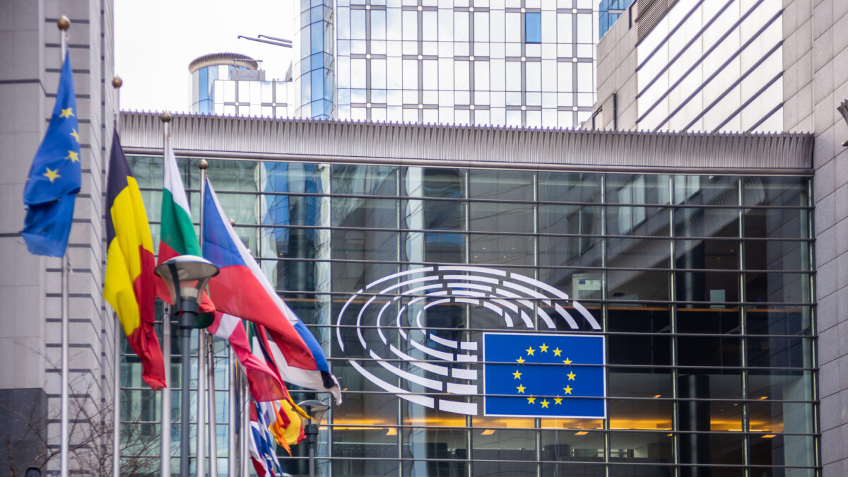 February 21, 2019. Brussels, Belgium. EU parliament. European countries flags on European parliament building facade,