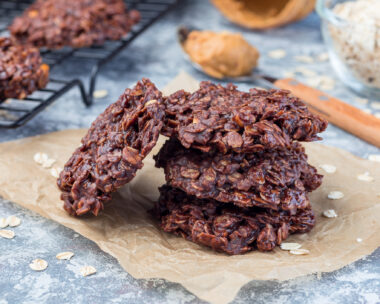 Flourless no bake peanut butter and oatmeal chocolate cookies on a parchment, horizontal
