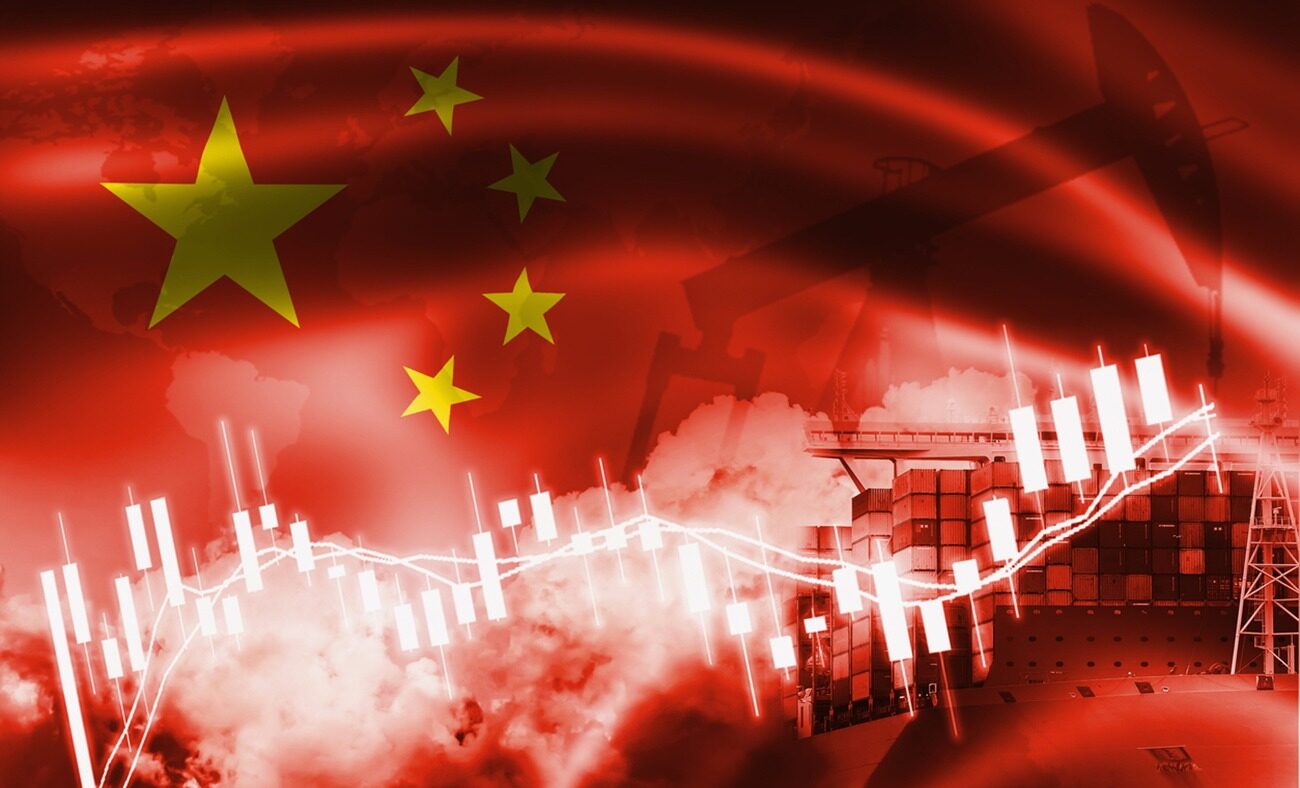 Peoples Republic of China flag, stock market, exchange economy and Trade, oil production, container ship in export and import business and logistics.