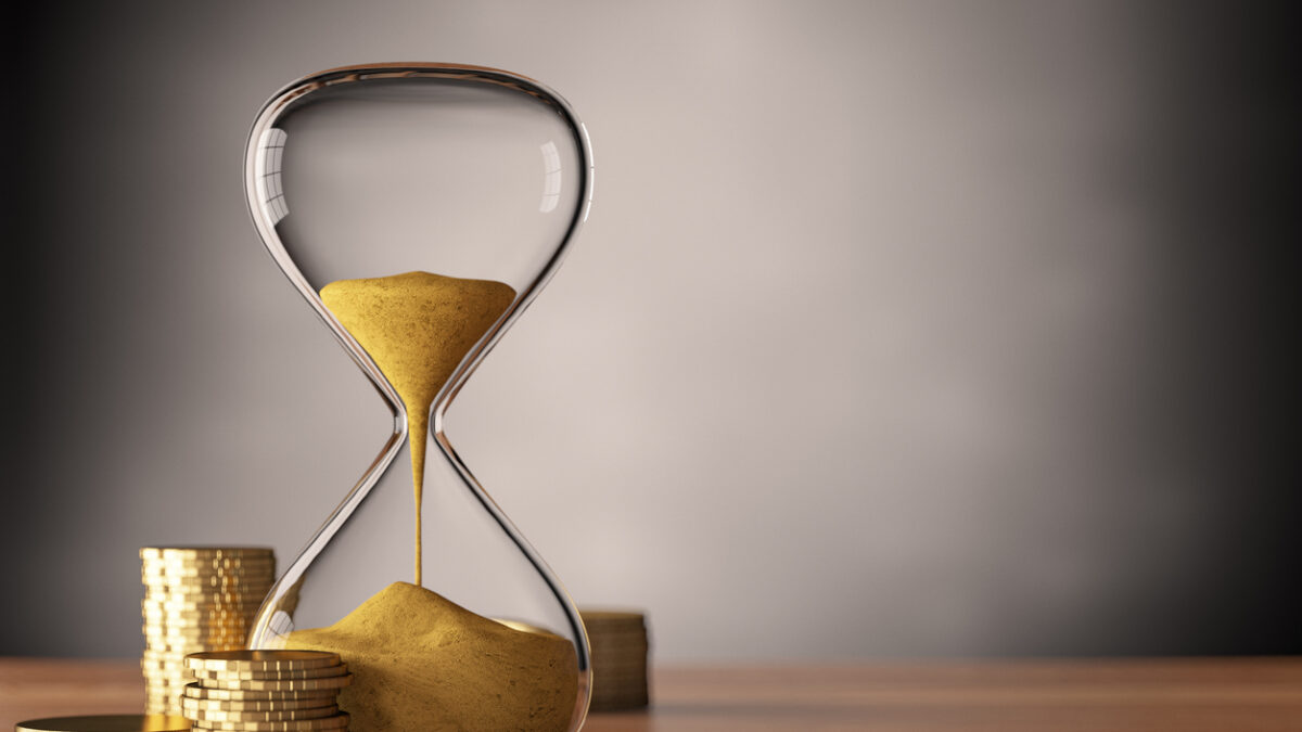 Time is Money Concept with Coins and Hourglass. 3d render