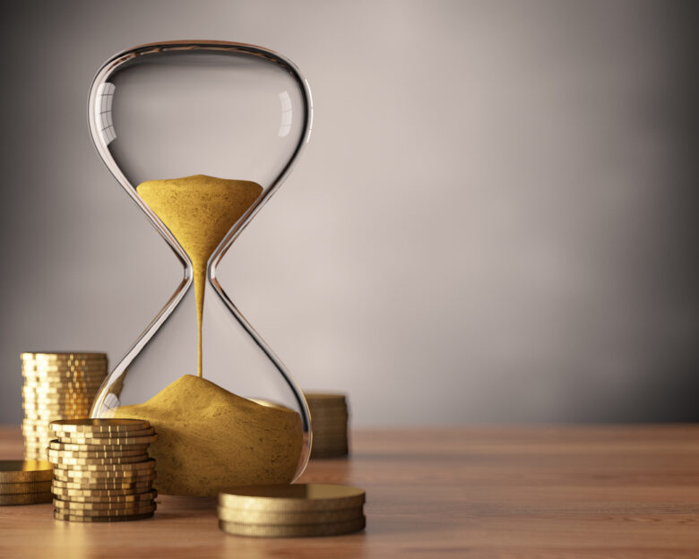 Time is Money Concept with Coins and Hourglass. 3d render