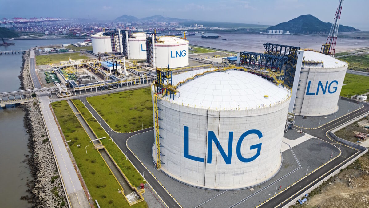 Picture of large LNG (Liquefied natural gas) tanks at regasification terminal