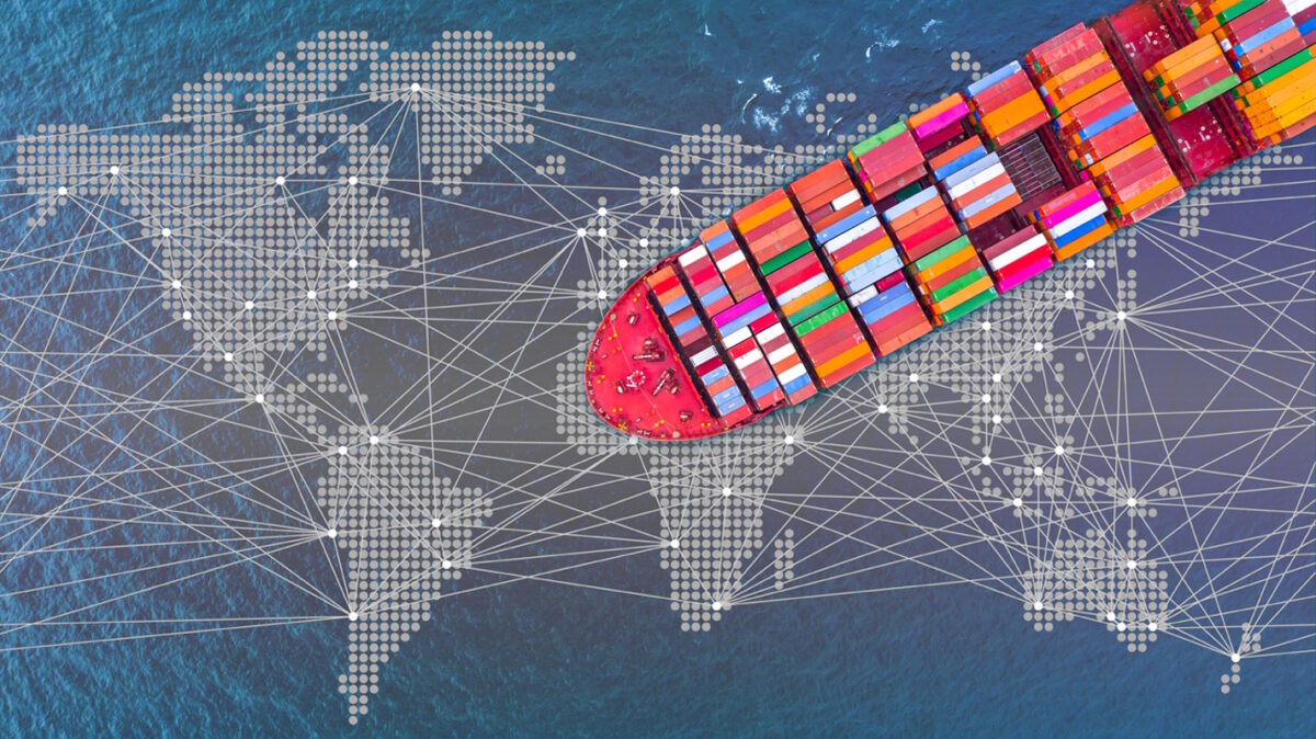 Container ship carrying container for business freight shipping import and export, Aerial view container ship arriving in commercial port.
