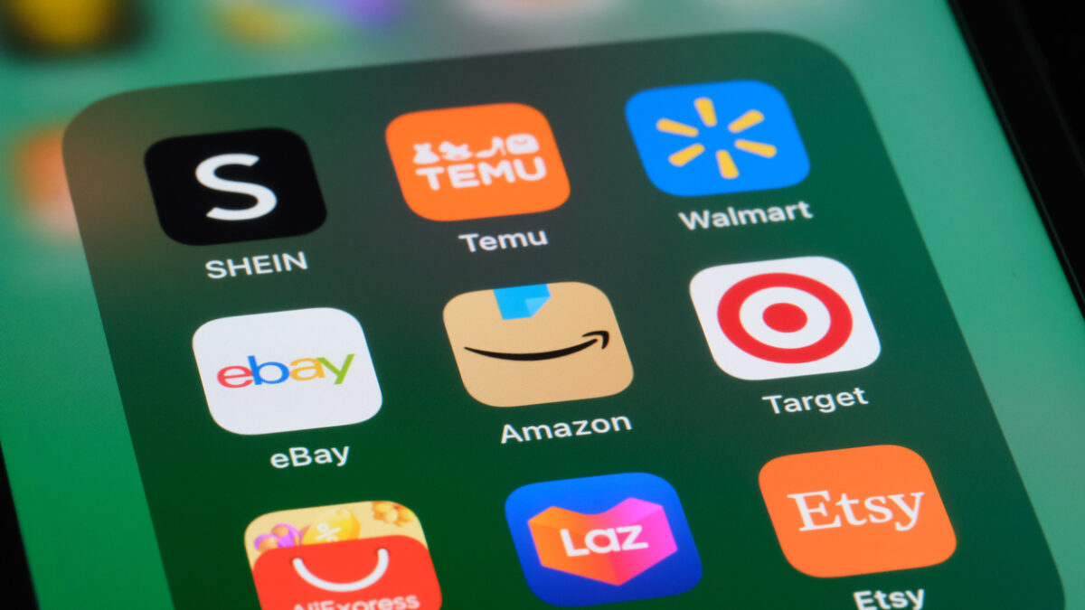 Shanghai,China Amazon, eBay, SHEIN, Temu, Walmart, AliExpress, Lazada, Target and Etsy app icon on screen. Assorted e-commerce company and brand logo