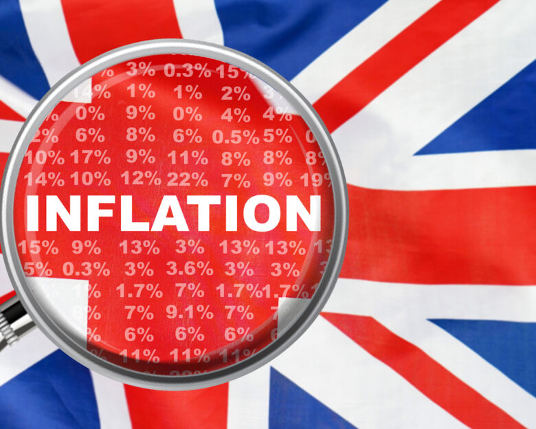 Magnifying glass focused on the word inflation on UK flag background. Hike interest rate. Inflation income crisis. Inflation, tax, cash flow and another financial concept in Britannia