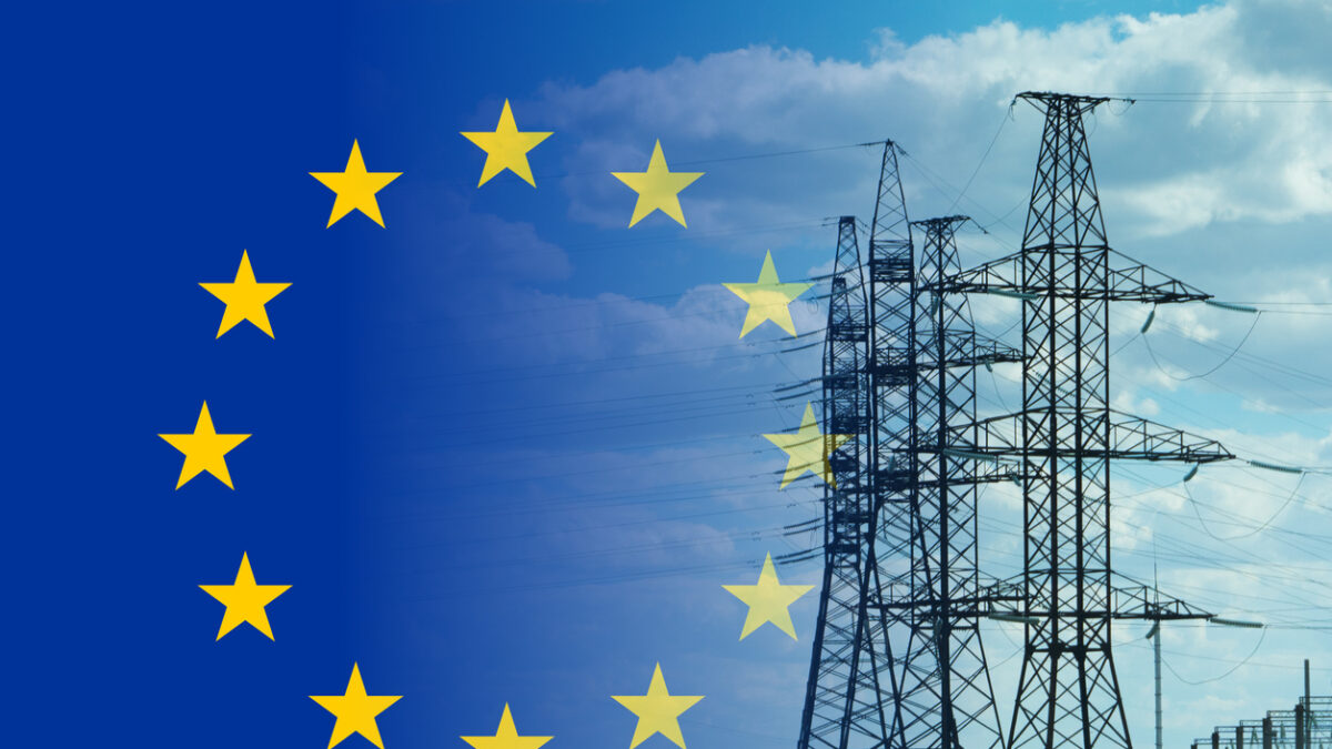European union flag and electricity pylon mixed image. Expensive electricity concept. High costs for energy.