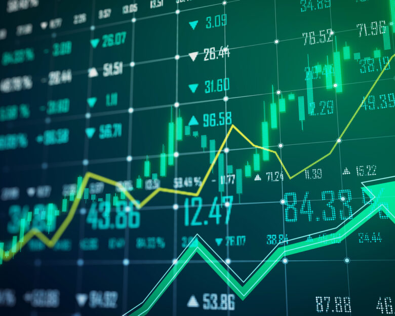 A detailed stock market data display with upward trending arrows indicating positive growth, set on a dark digital background, concept of financial success. 3D Rendering