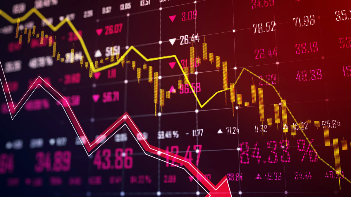 A digital stock market chart with a declining trend line on a dark screen, showing a downturn concept with red and yellow elements. 3D Rendering