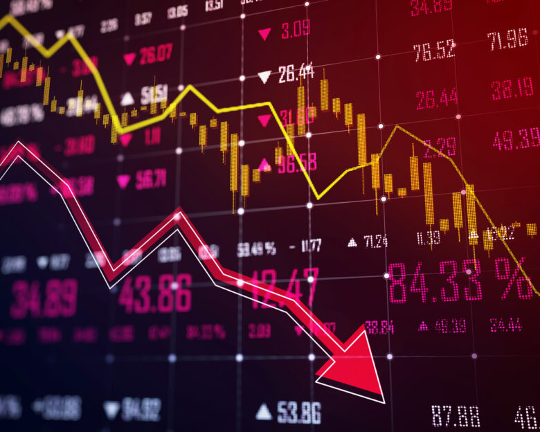 A digital stock market chart with a declining trend line on a dark screen, showing a downturn concept with red and yellow elements. 3D Rendering