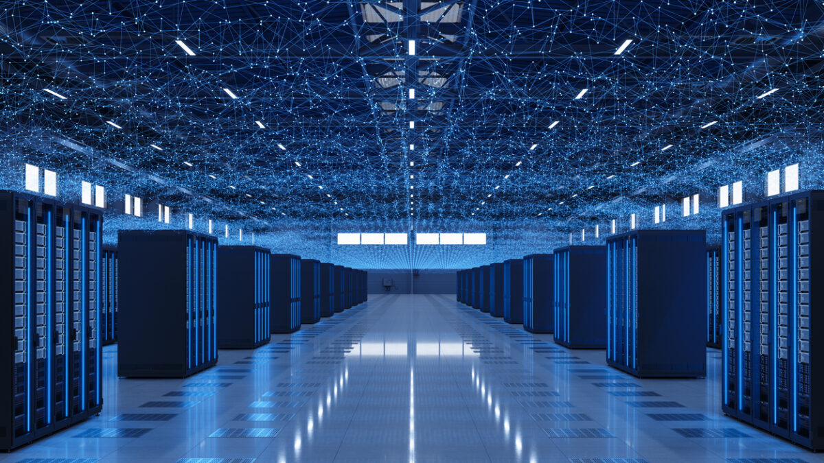 Server Racks With Plexus Lines And Connection Dots In The Warehouse
