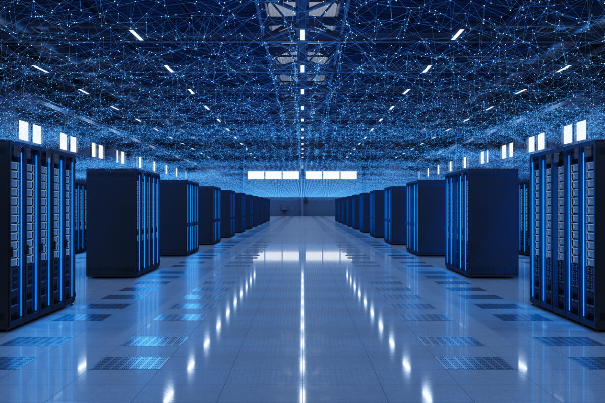 Server Racks With Plexus Lines And Connection Dots In The Warehouse