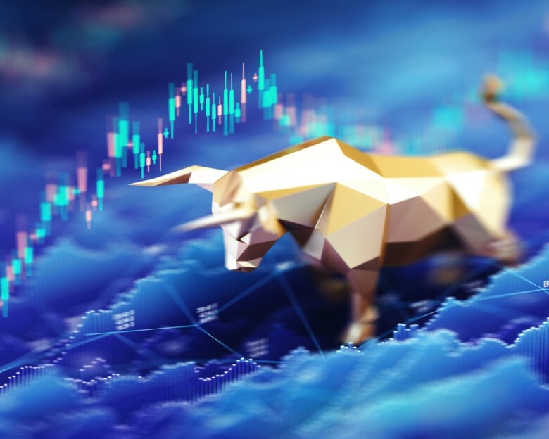 A stylized golden bull figurine stands prominently against a digital background of rising stock market charts and candlestick graphs, symbolizing bullish market trends, financial growth, and investor confidence. Ideal for illustrating economic optimism, stock trading, or market analysis