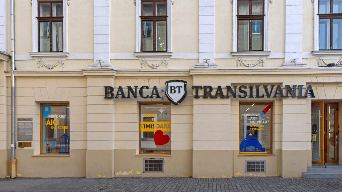 Largest Romanian Banking Institution BT Bank Transilvania at Palanaca Road in Town Centre Autumn Day.