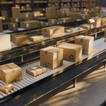 Rows of cardboard boxes and parcels travel along conveyor belts inside a large distribution warehouse, illustrating efficient shipping, order fulfillment, inventory handling and modern logistics operations.