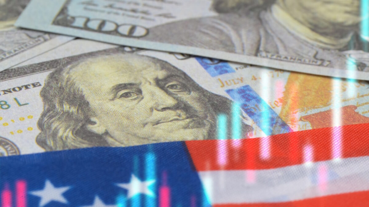 American Stock Market Trends and US Economy Financial Concept with Candlestick Chart and Dollar Bills