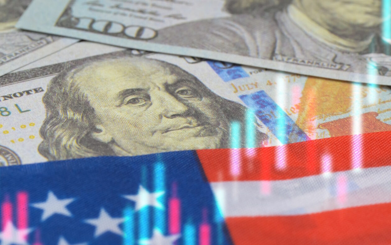 American Stock Market Trends and US Economy Financial Concept with Candlestick Chart and Dollar Bills