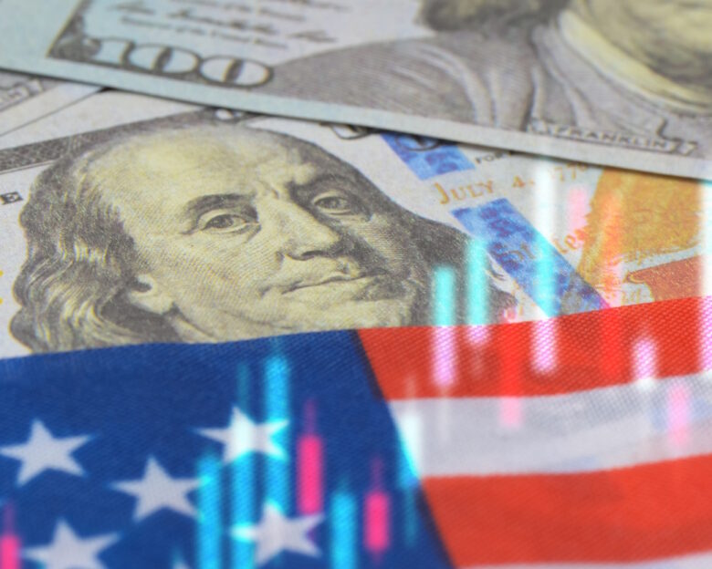 American Stock Market Trends and US Economy Financial Concept with Candlestick Chart and Dollar Bills