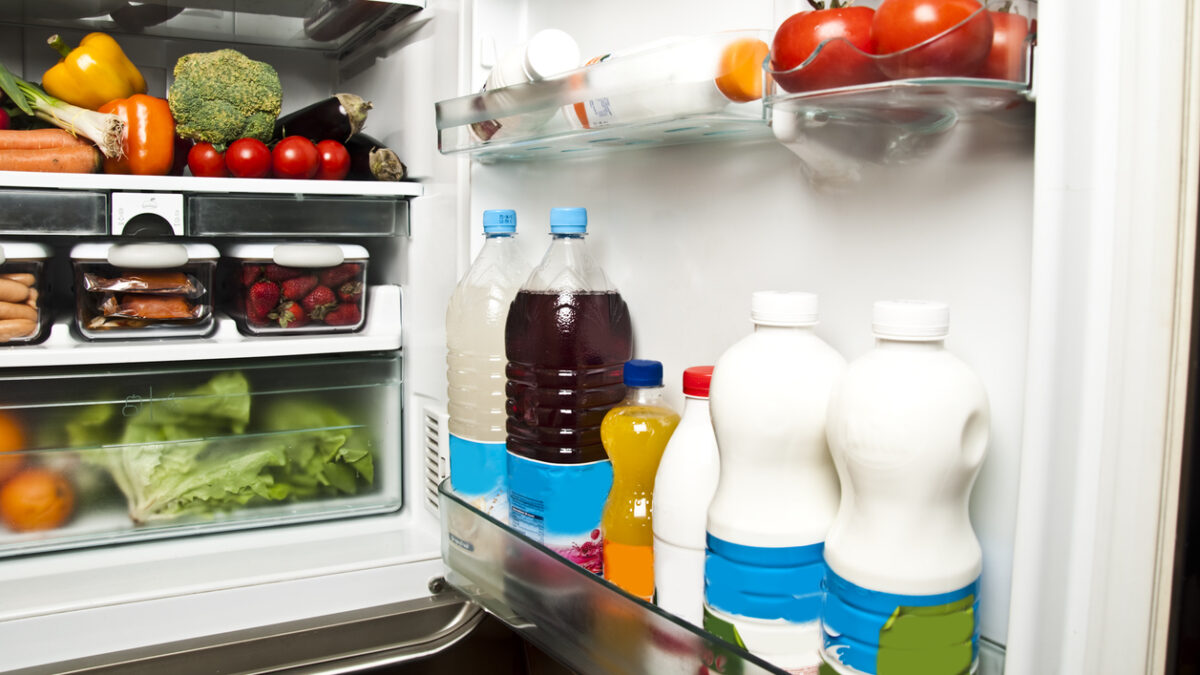 Refrigerator full of food close up