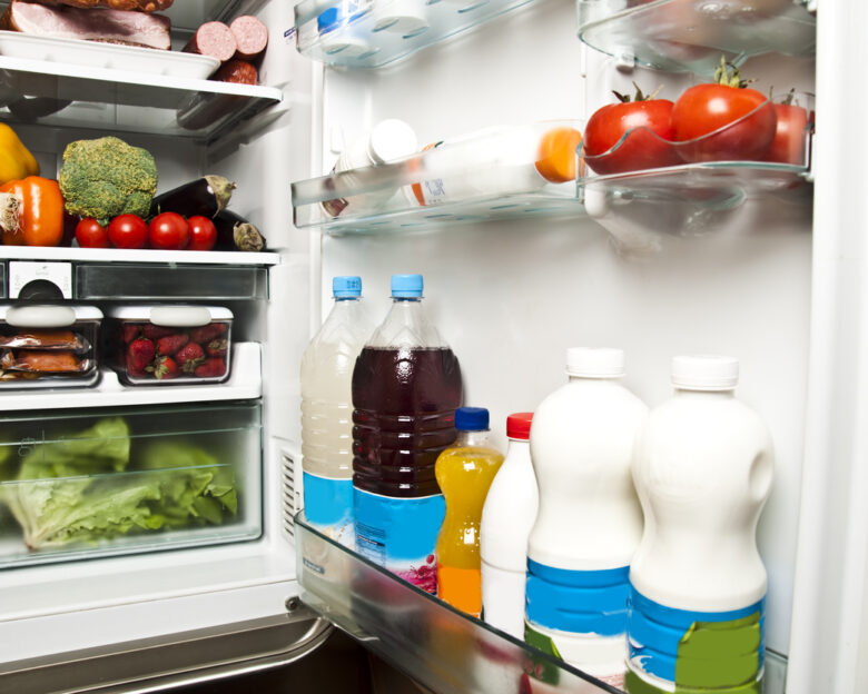 Refrigerator full of food close up